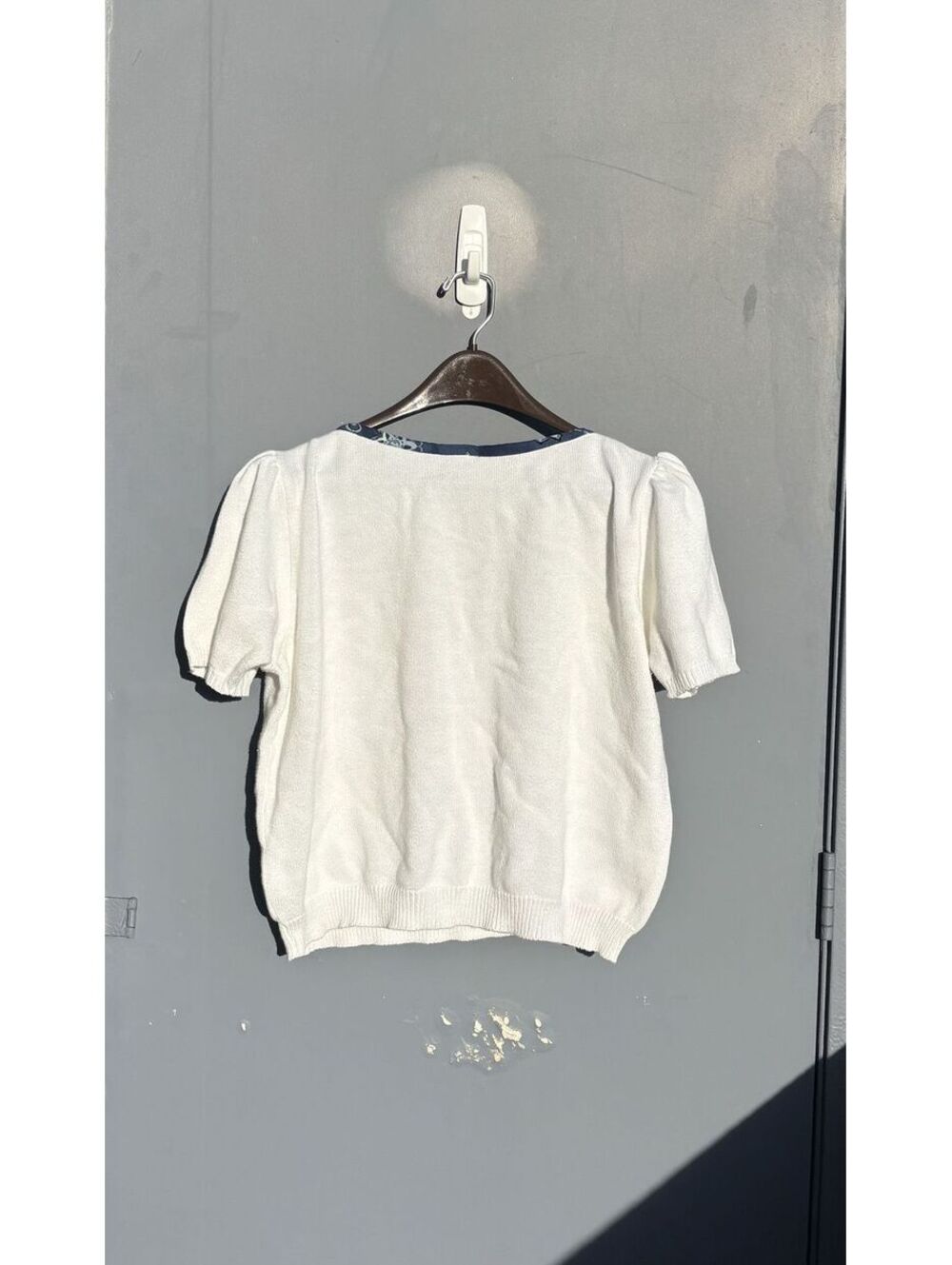 Vintage L.L. Bean Knit Short Sleeve Top White Floral Trim